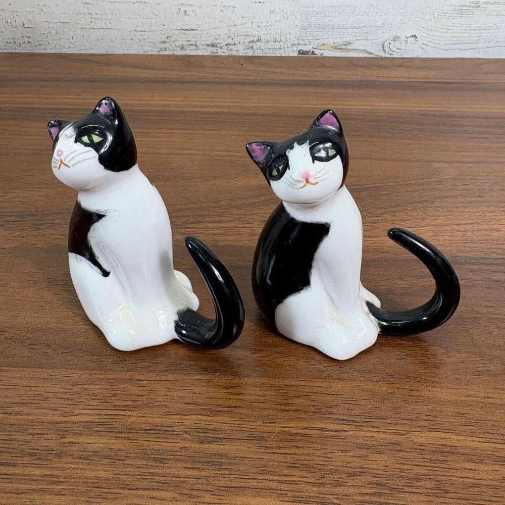 Vintage Tuxedo Cat Napkin Ring Black & White Fine Bone China Decorative Lot of